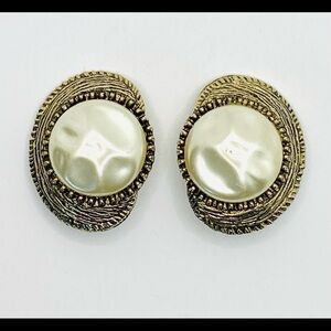 Clip Ons Faux Pearls Statement Antique Gold Tone
